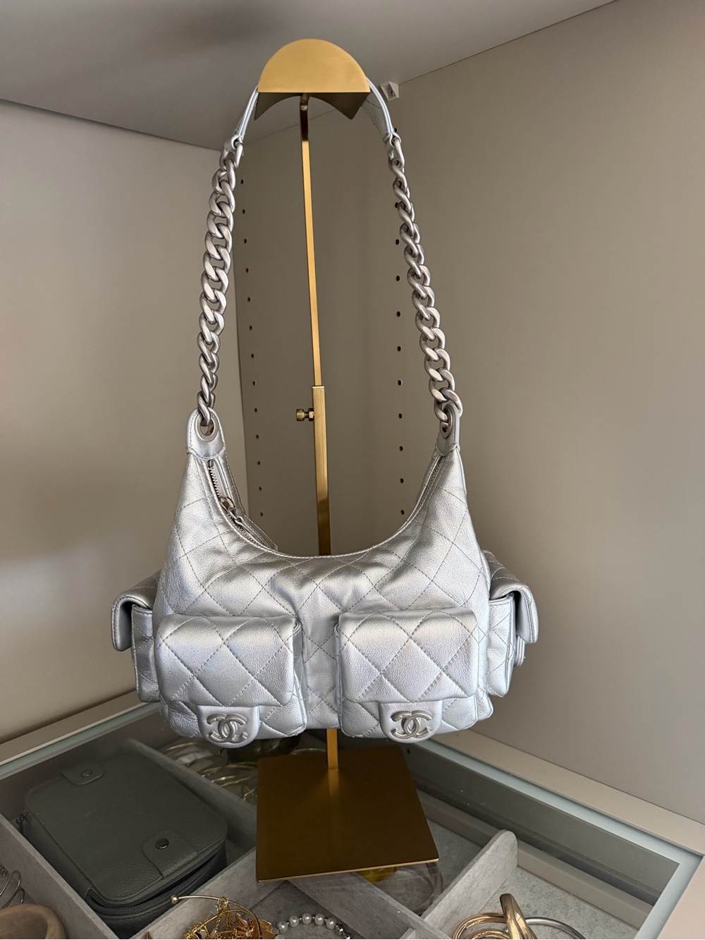 Chanel Metallic Lambskin Quilted Trendy Pockets Hobo Silver